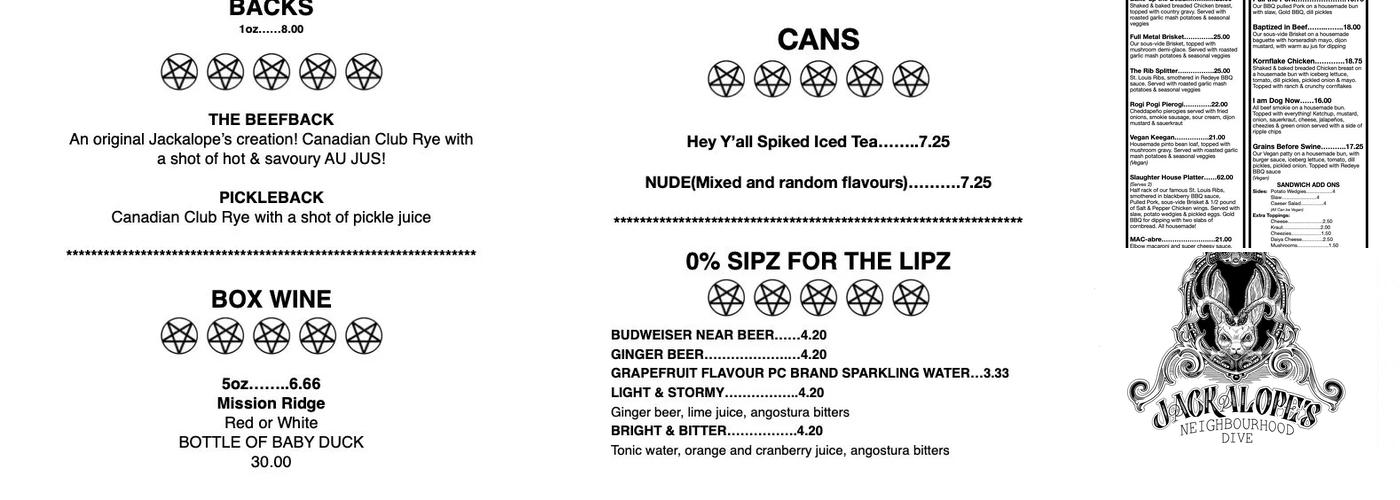 Jackalopes Neighbourhood Dive Menu