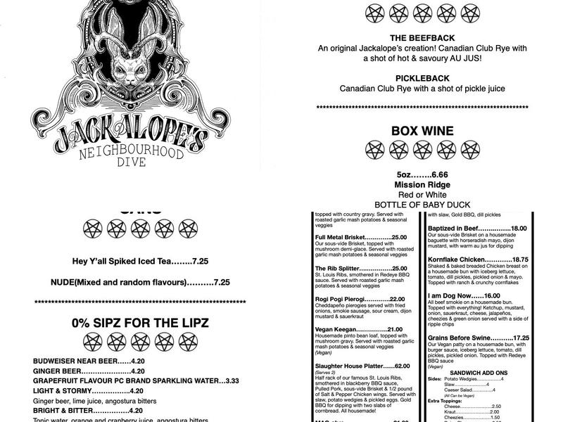 Jackalopes Neighbourhood Dive Menu