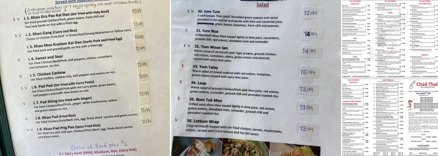 Chad Thai Restaurant Menu