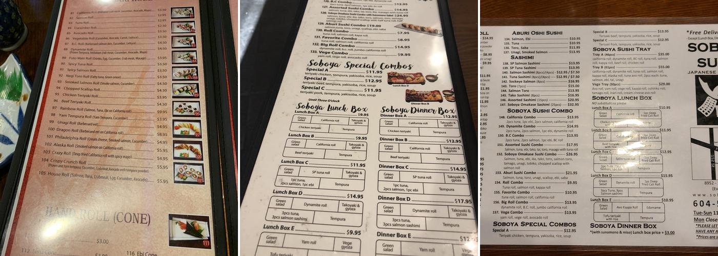 Soboya sushi Menu