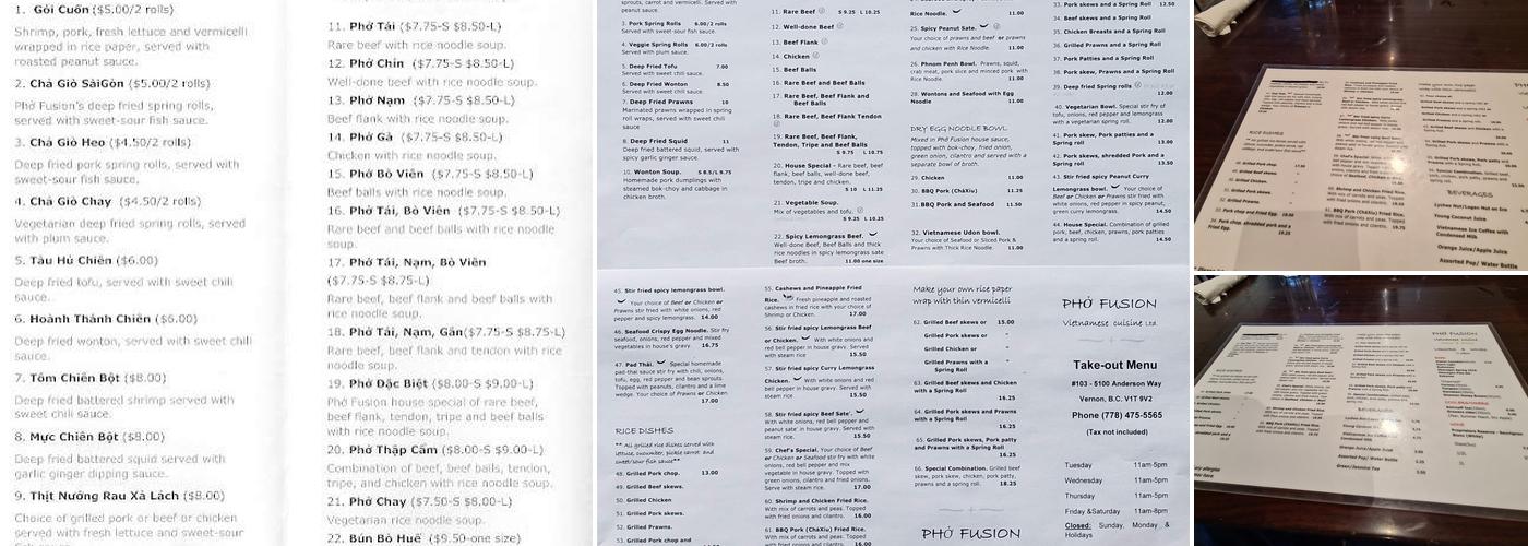 Pho Fusion Menu