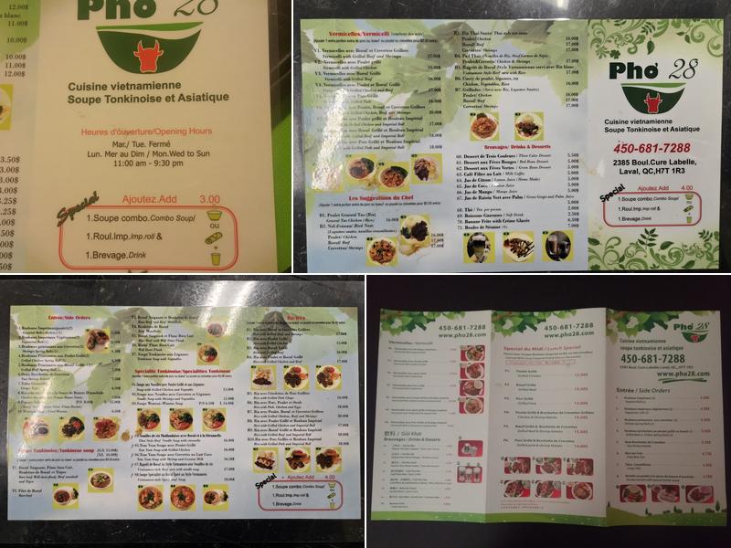 Pho 28 Curé-Labelle Menu