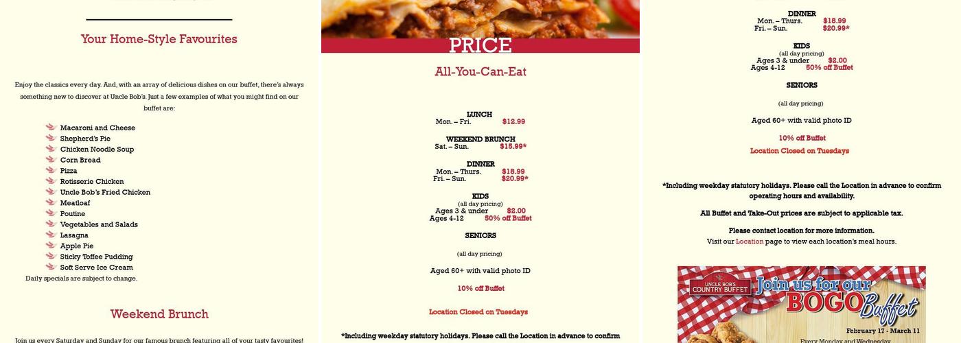 Uncle Bob's Country Buffet Menu