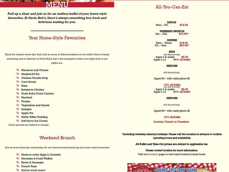 Uncle Bob's Country Buffet Menu