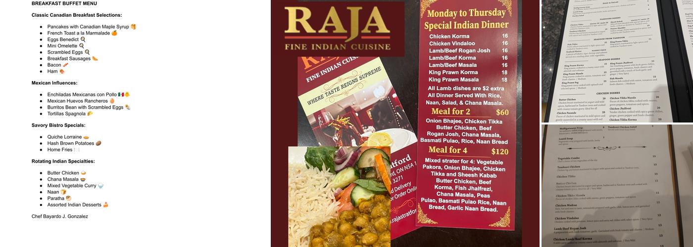Stratford Raja INC. Menu