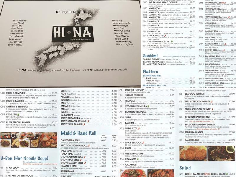 Hina Sushi Menu