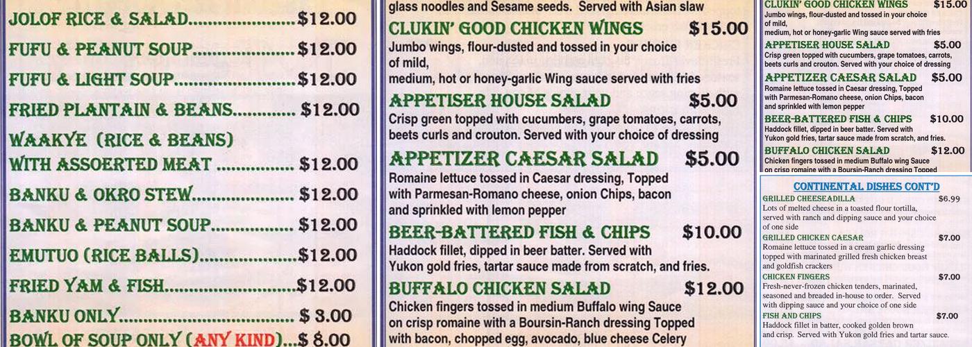 Afro Continental Restaurant Menu