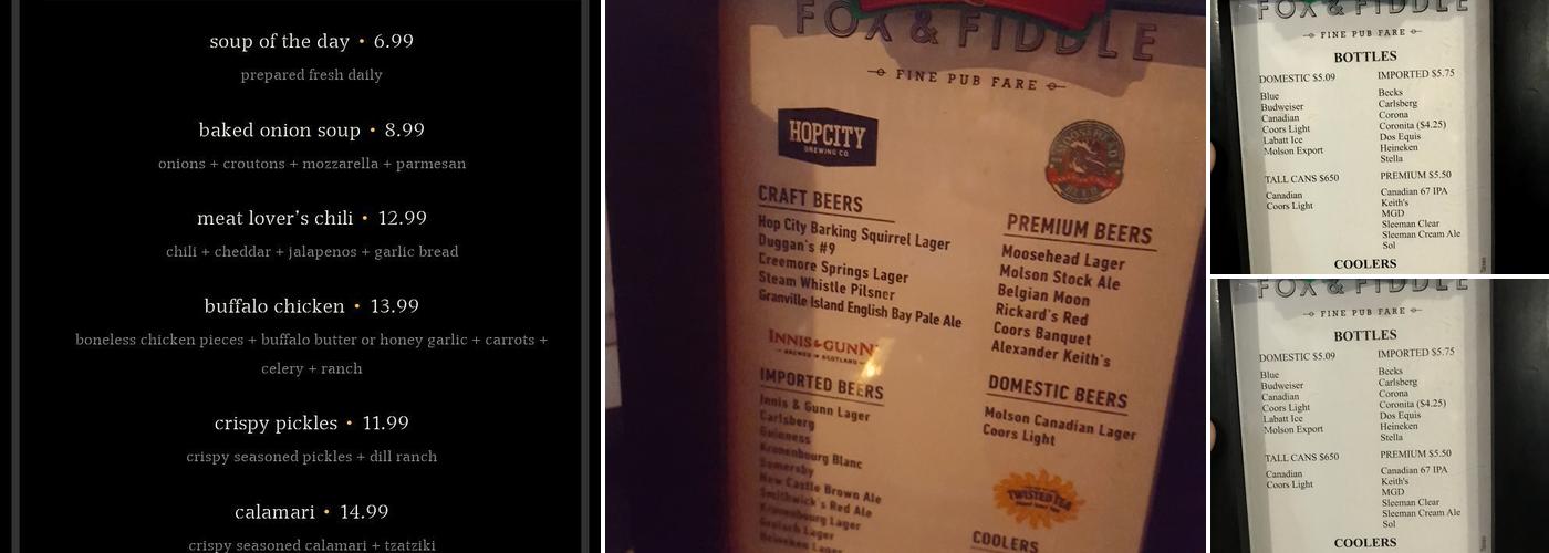 Fox and Fiddle Menu