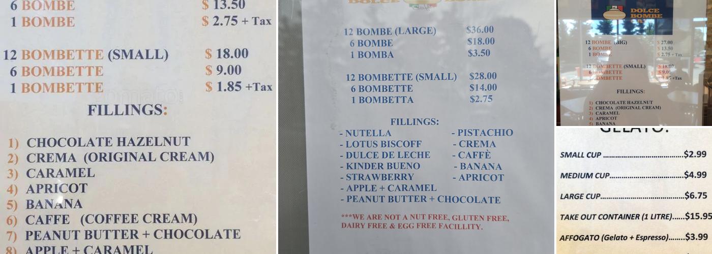 Dolce Bombe Cafe Menu