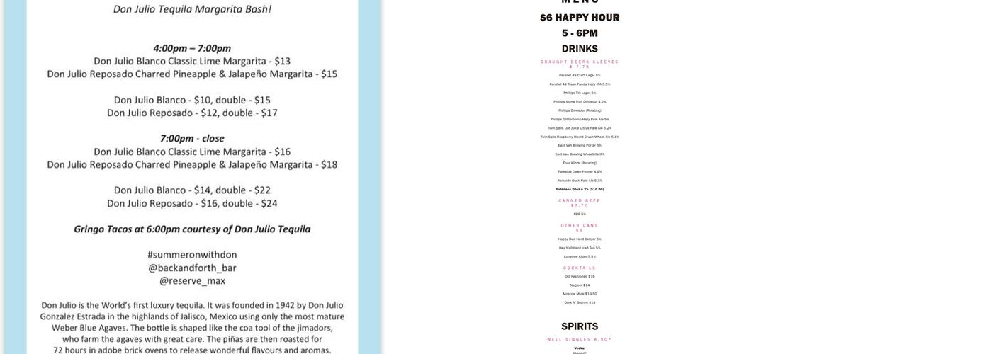 Back and Forth Bar Menu