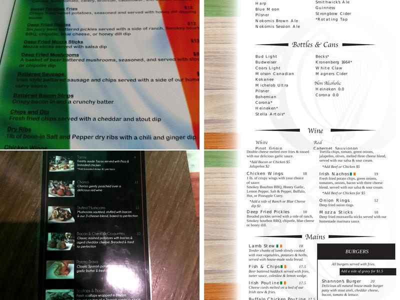 Shannon's Pub Menu