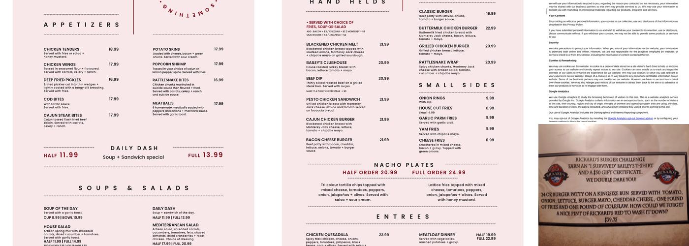 Bailey's Pub Menu