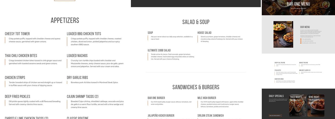 Bar One Menu
