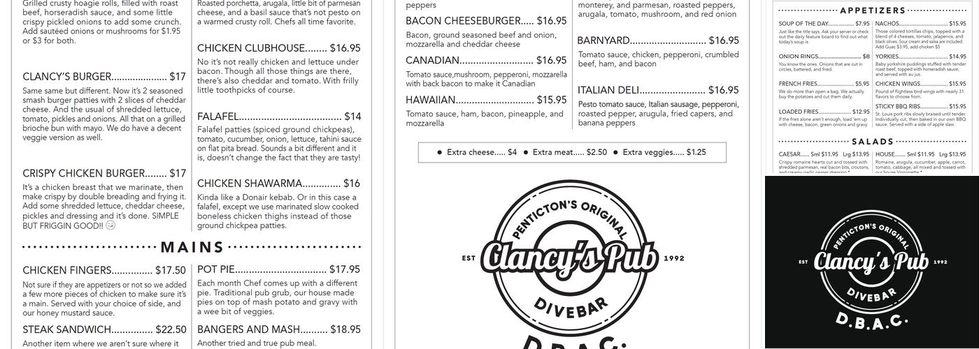 Clancy's Pub & Grill Menu