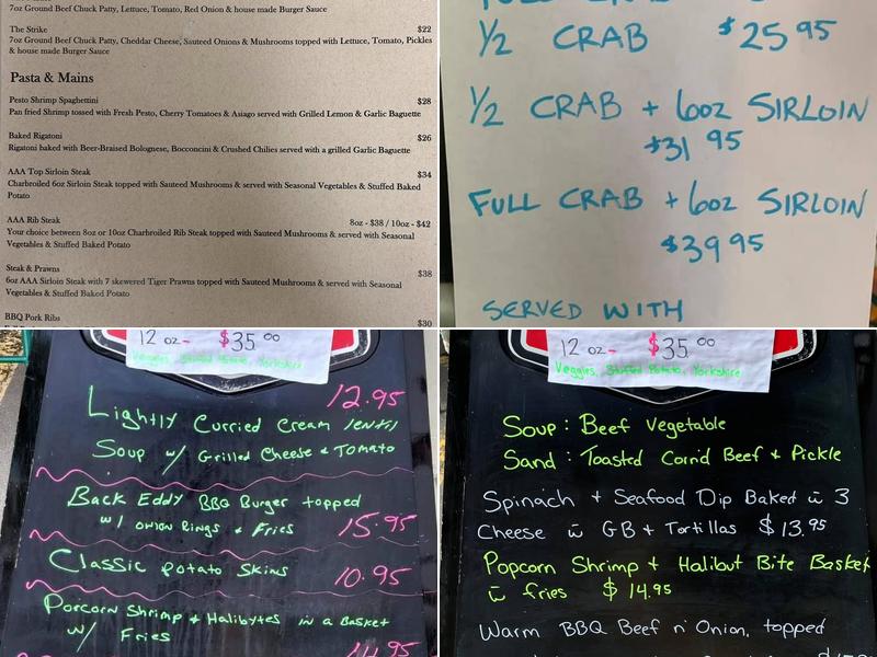 Back Eddy Pub Menu