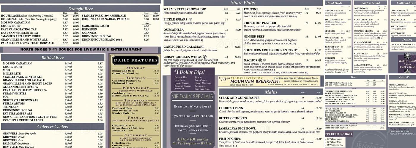 Two Lions Public House Menu