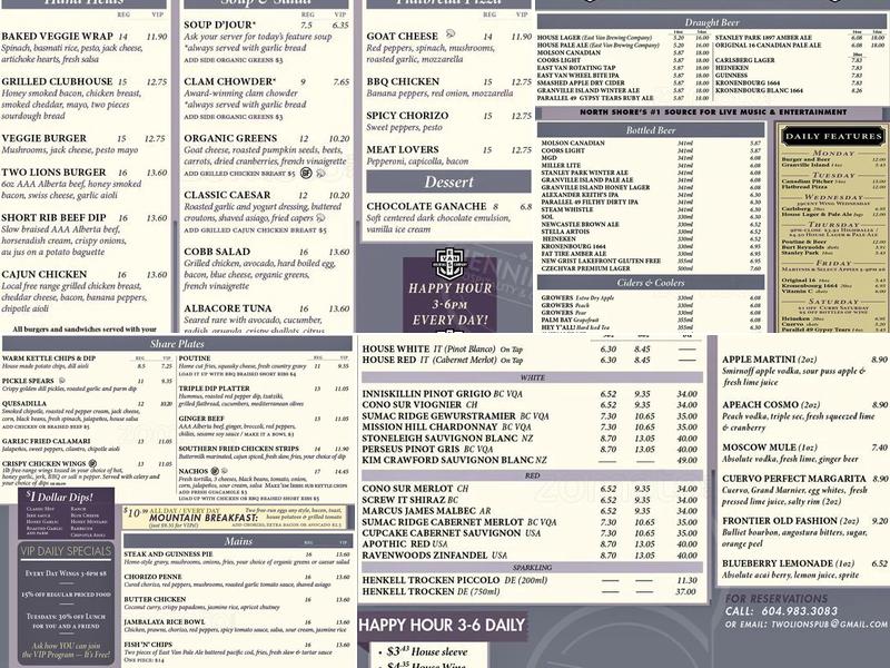 Two Lions Public House Menu