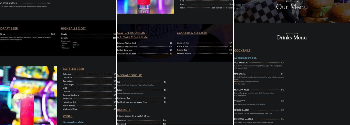 Hidden Spot Entertainment and Arcade Bar Menu