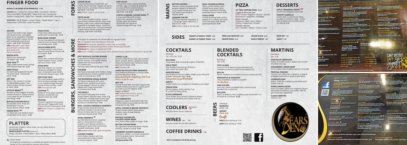 The Bear's Den Menu