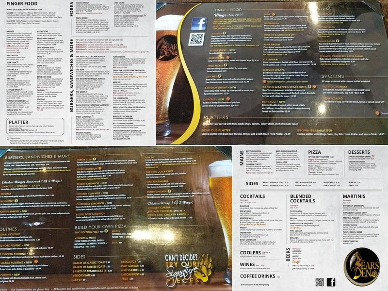 The Bear's Den Menu