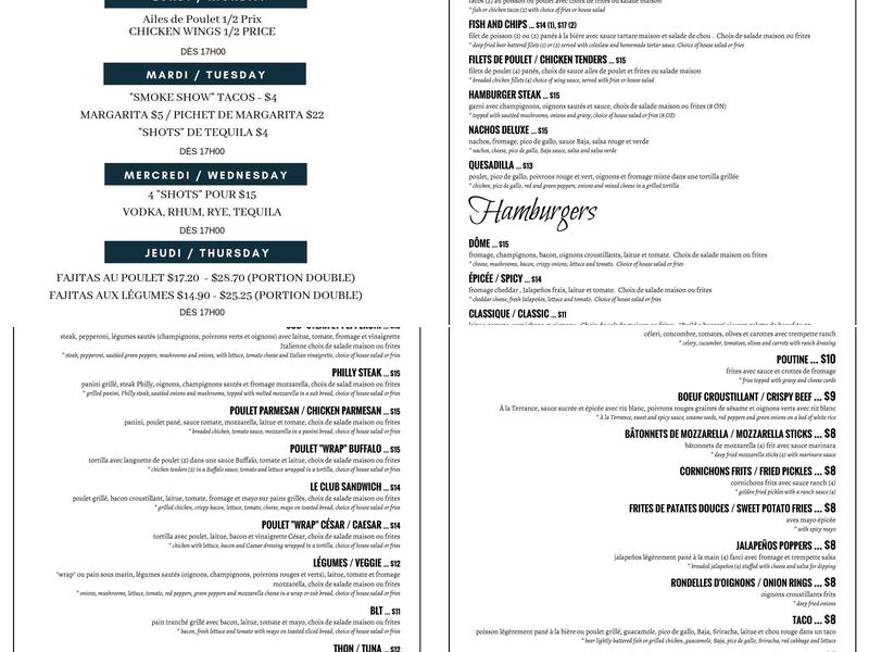 Le Club Dôme du West Island Menu