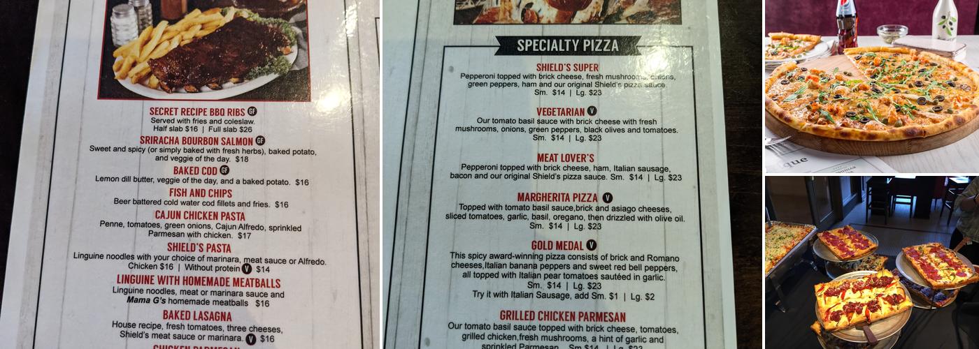 Shield's Restaurant Bar Pizzeria Menu