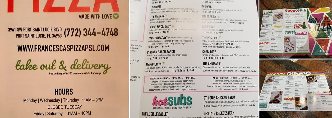 Francesca's Pizza Menu