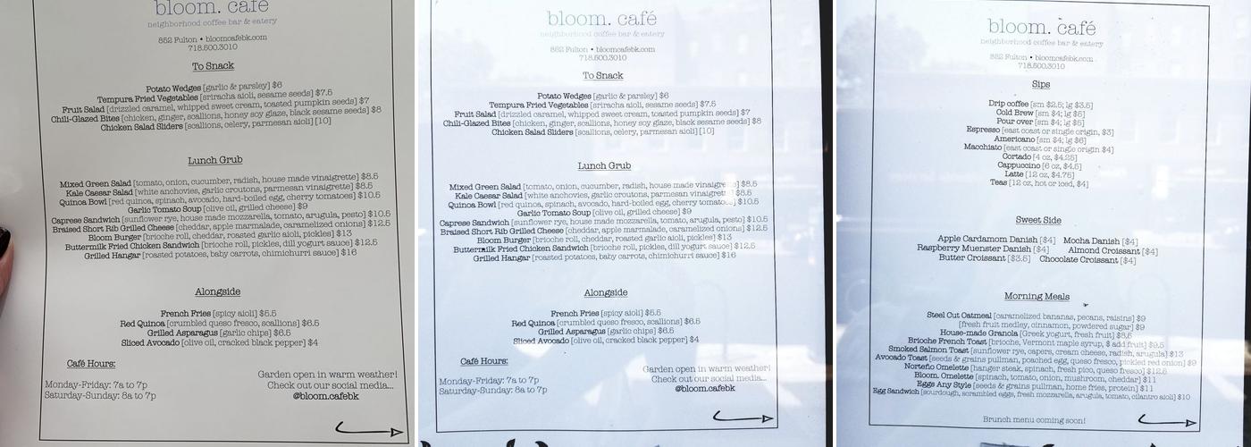 Bloom Cafe Menu
