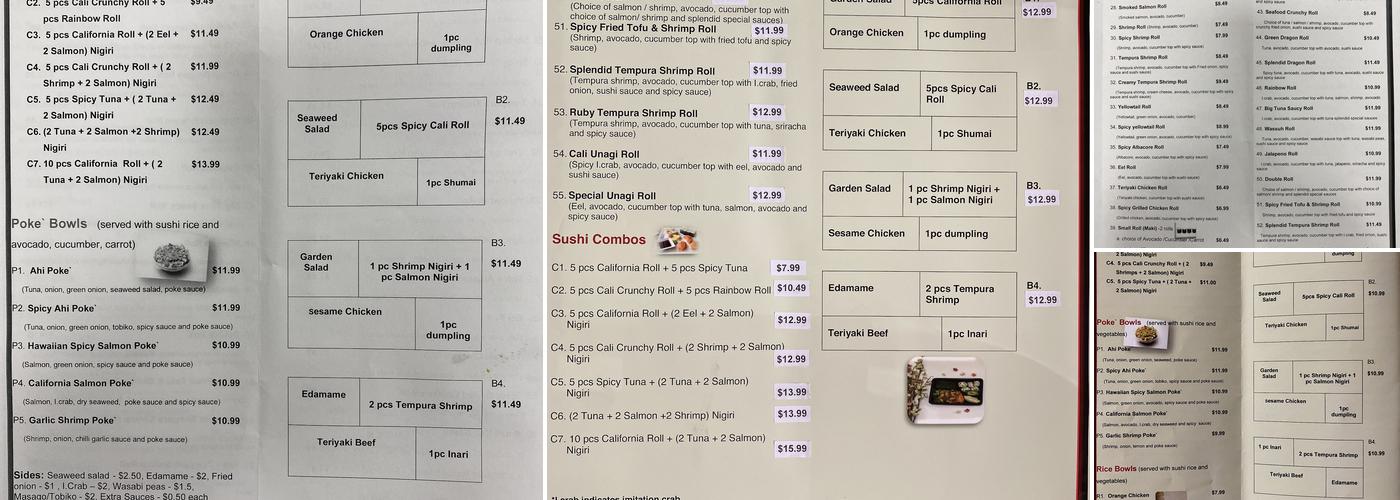 Splendid Sushi Menu