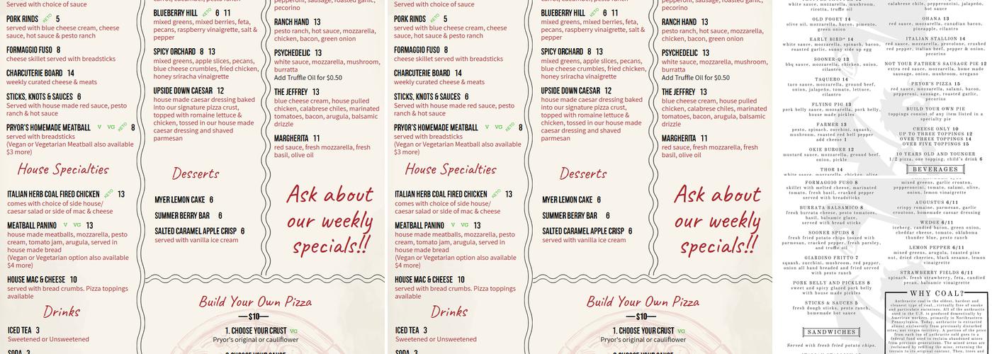 Pryor's Pizza Kitchen @ Selah Menu