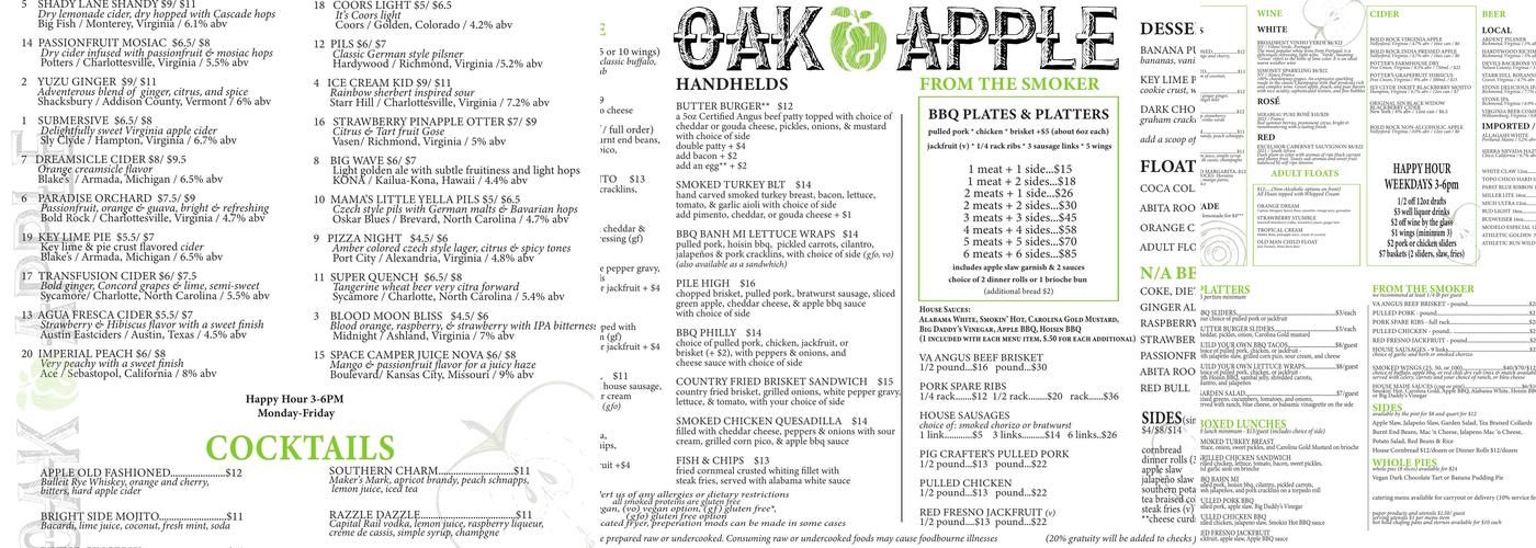Oak & Apple BBQ Menu