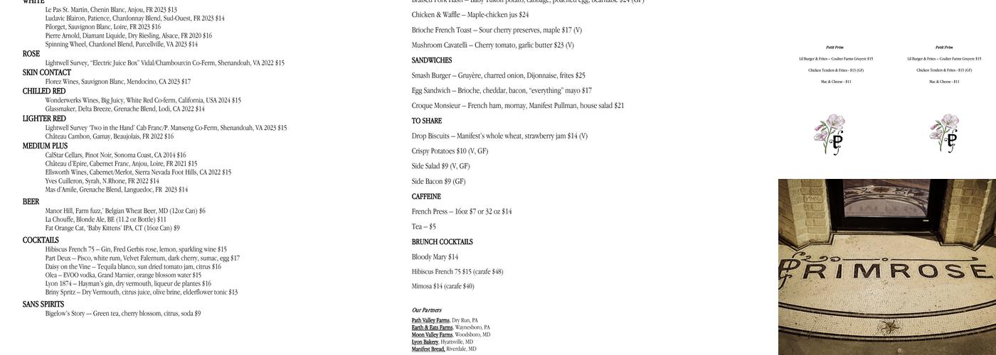 Primrose Menu