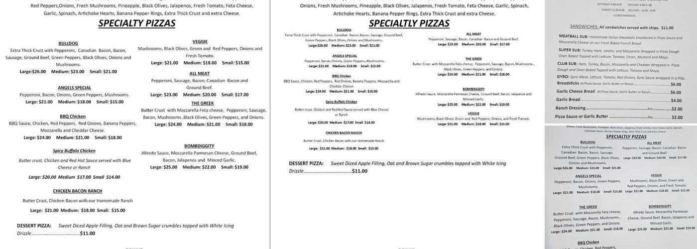 Charlies Angels Pizza Menu