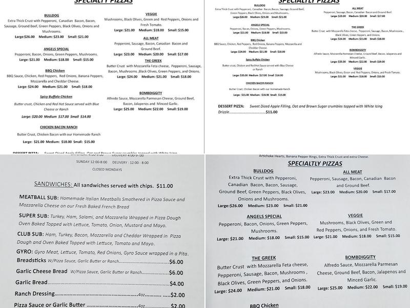 Charlies Angels Pizza Menu