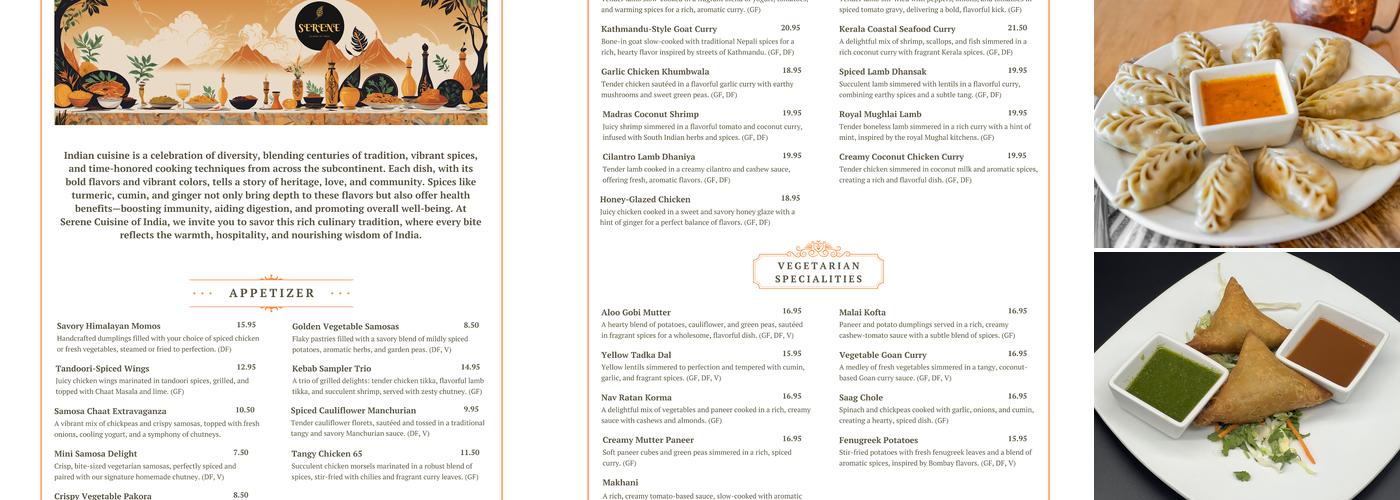 Serene Cuisine of India Menu