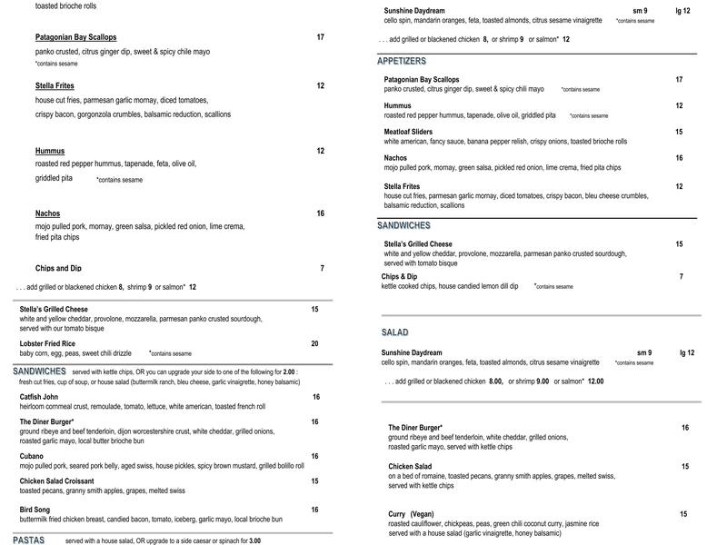 Stella Bleu Bistro Menu