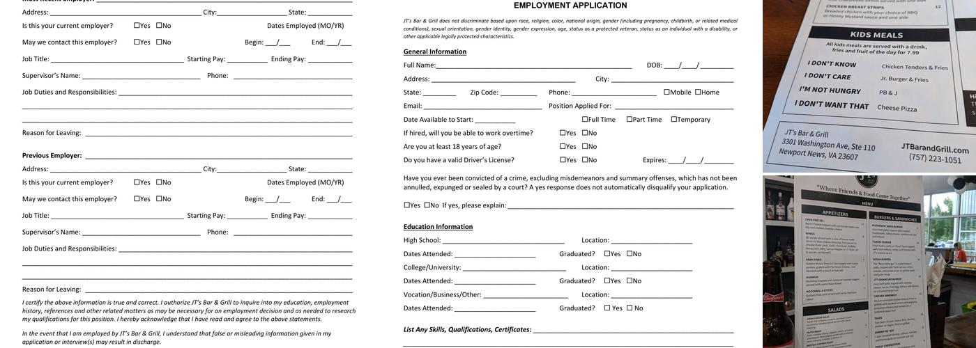 JT's Bar & Grill Menu