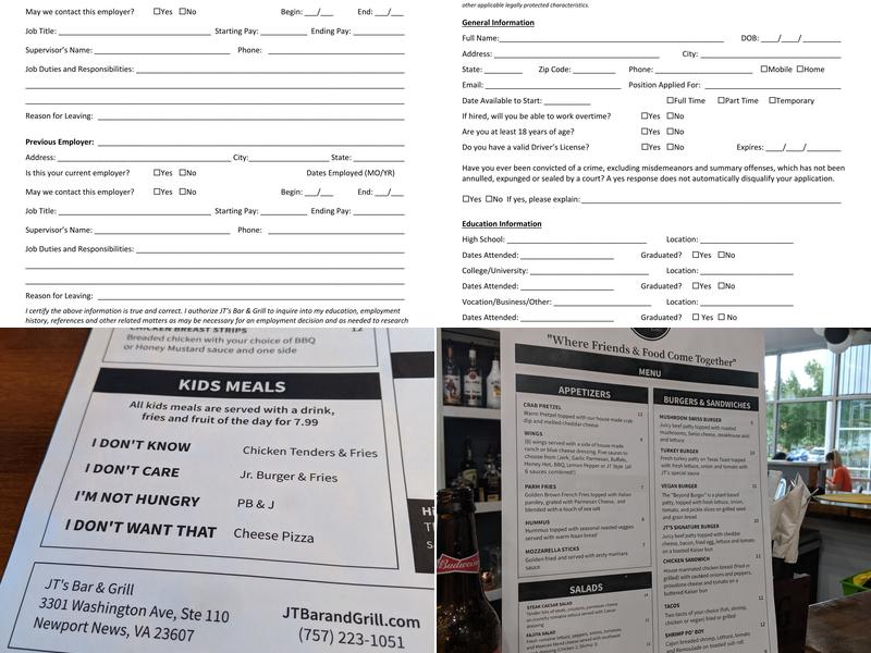 JT's Bar & Grill Menu