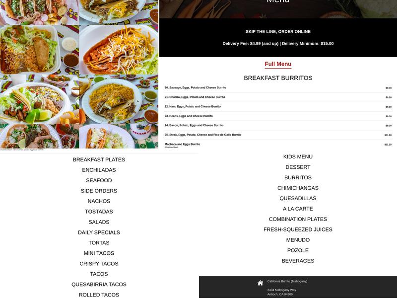 California Burrito Menu