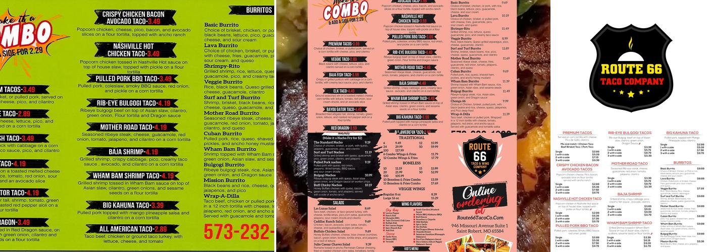 Route 66 Taco & Wing Company Menu