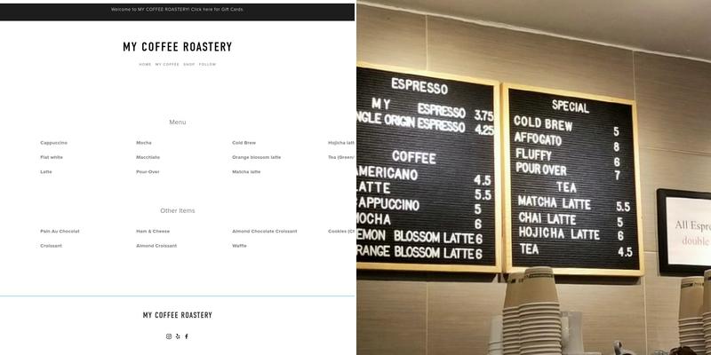 MY Coffee Roastery Menu