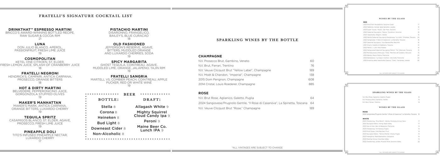 Fratelli Restaurant Menu