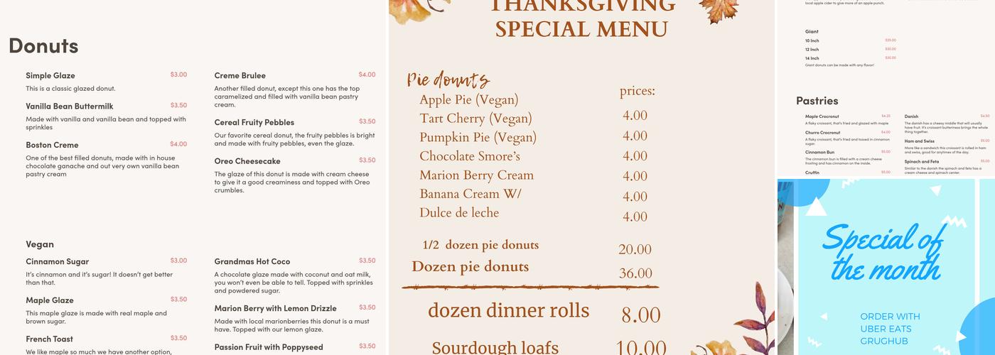 Dough Hook Bake Shop Menu