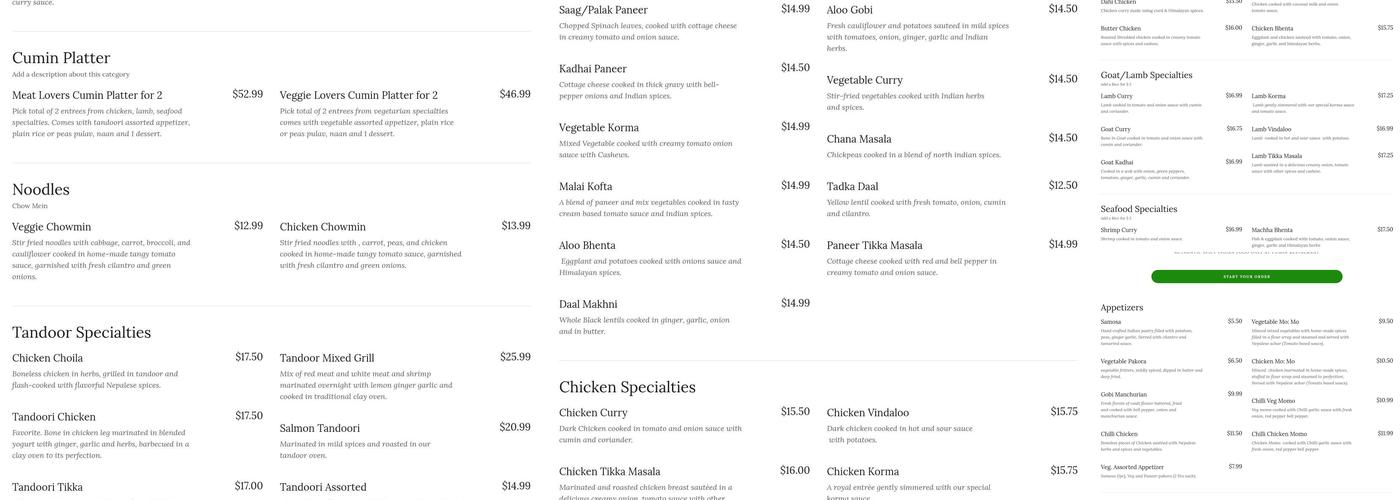 Cumin Restaurant Menu