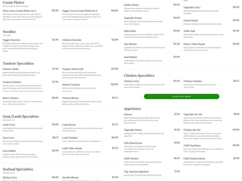 Cumin Restaurant Menu