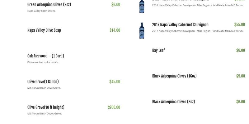 M.S Torun Winery and Ranch Menu