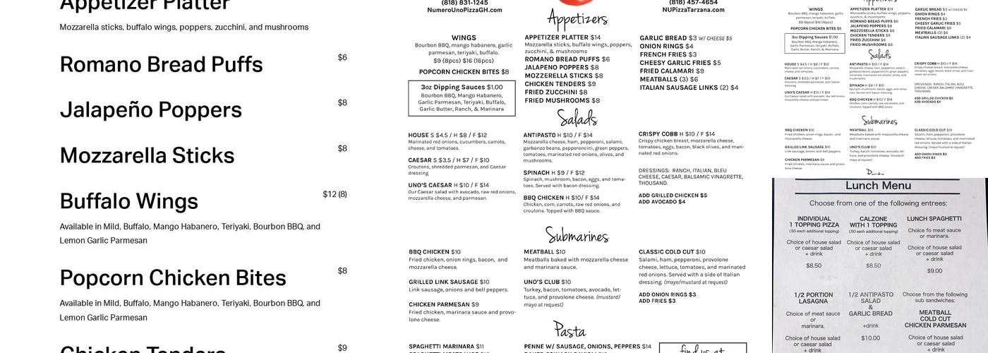 Numero Uno Pizza Menu