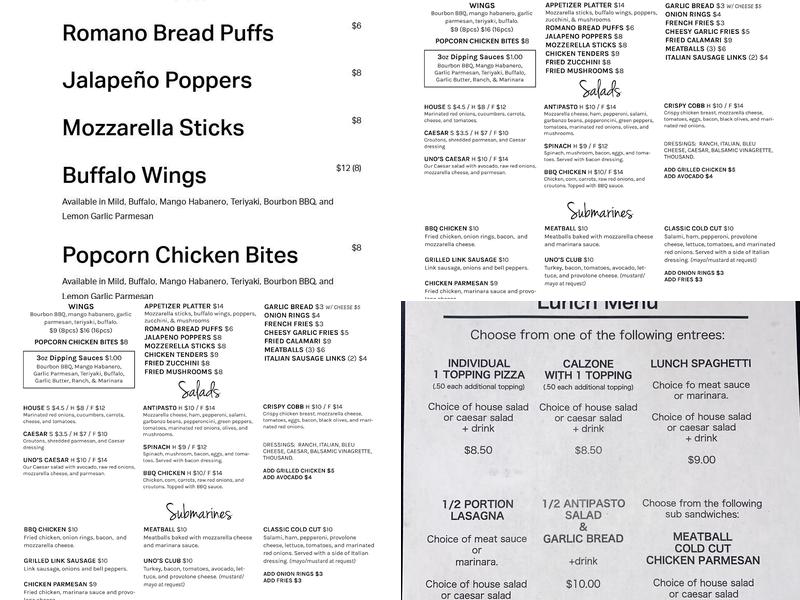 Numero Uno Pizza Menu