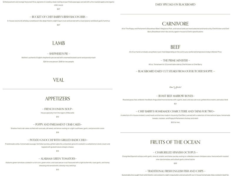 The Poppy and Parliament Menu
