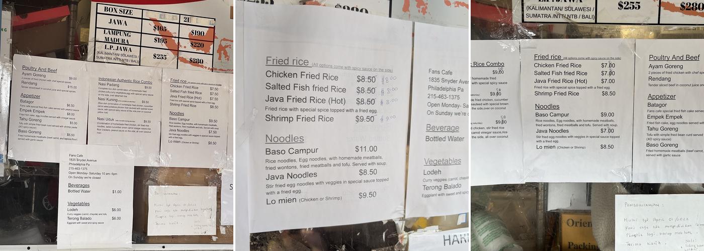 Fans Cafe Menu